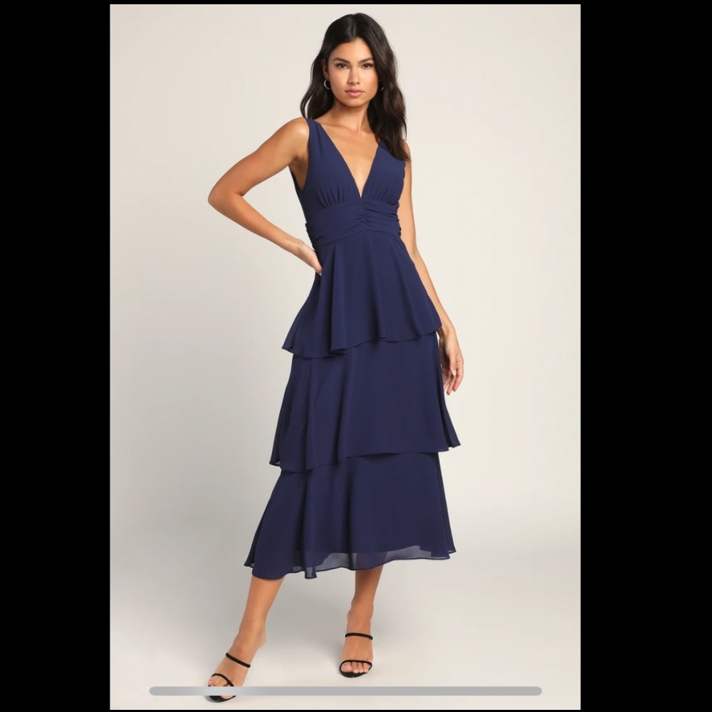NWT Lulu’s Celebration Time Navy Blue Sleeveless Tiered Midi Dress size XS